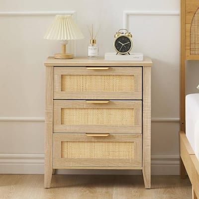 Rattan End Table, Nightstands with 3 Natural Drawers