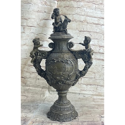Neoclical Bronze Urn Sculpture Statue Vintage Style Cherubim Chariot Grapes 20 Inches X 12 Inches