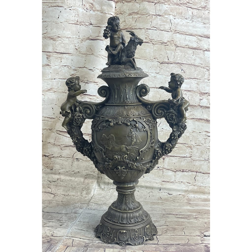 Neoclical Bronze Urn Sculpture Statue Vintage Style Cherubim Chariot Grapes 20 Inches X 12 Inches