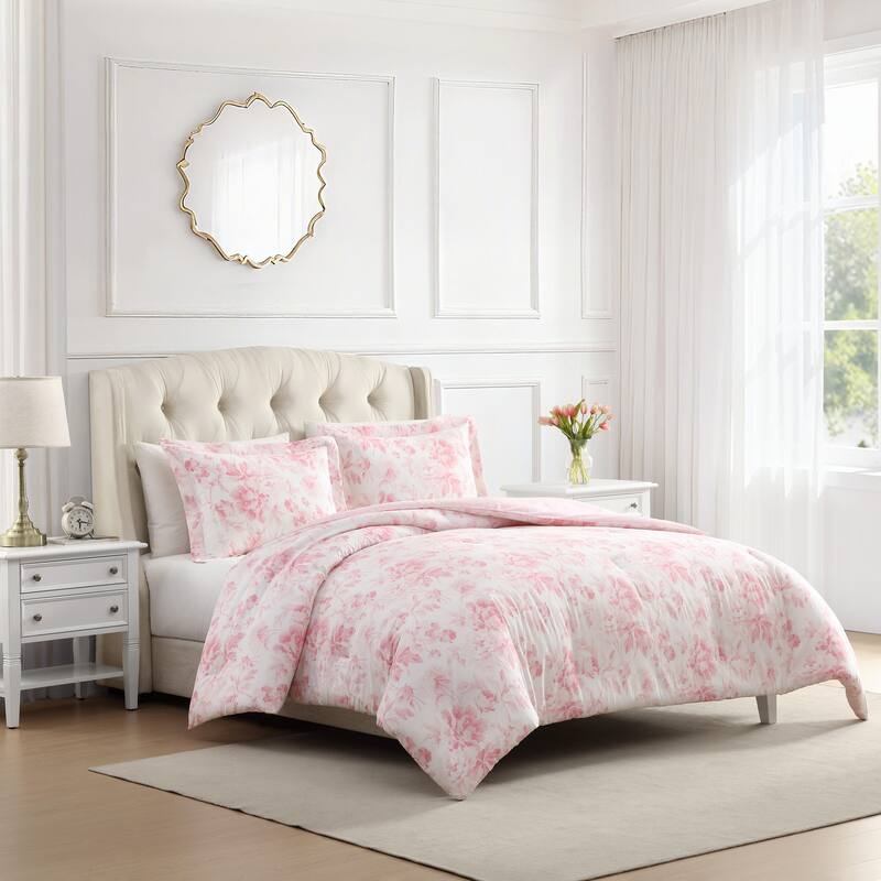 Laura Ashley Anja Textured Toile Floral All Season Cotton Comforter Set with Solid Reverse (Pink)