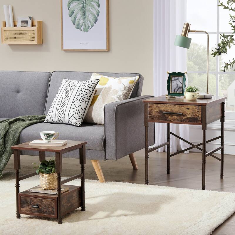 VECELO Small Coffee Table Set of 2, Coffee Table with Steel Frame, Side End Table for Living Room