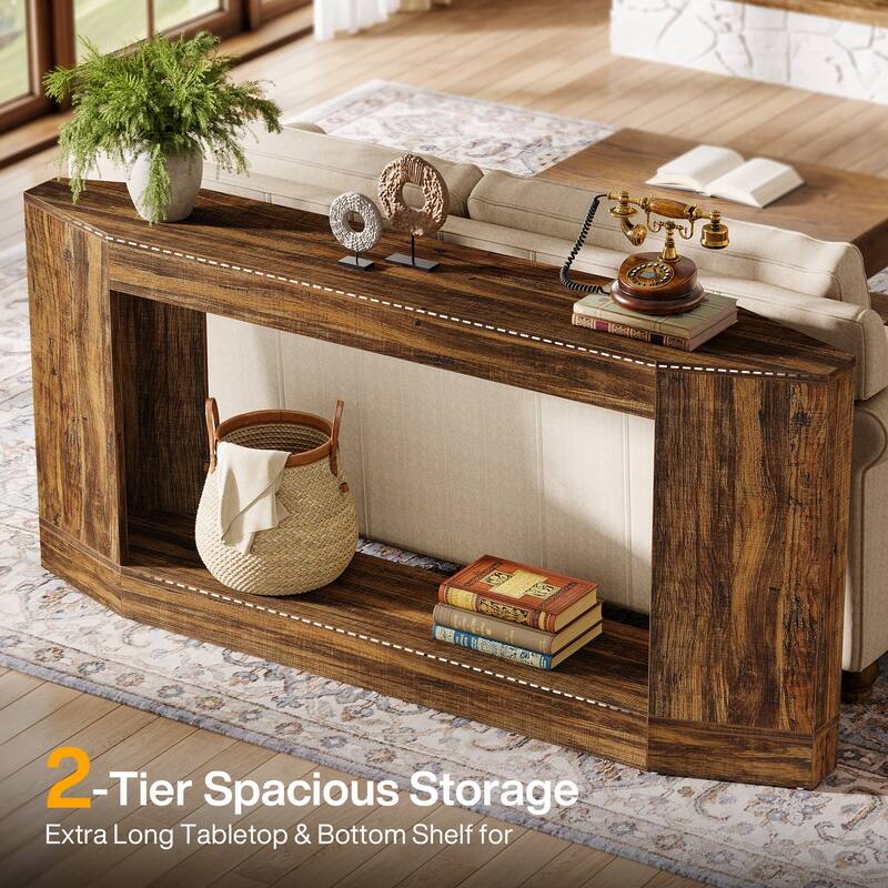  63" Light Wood Console Table with LED & Outlet, Sofa Table - Large