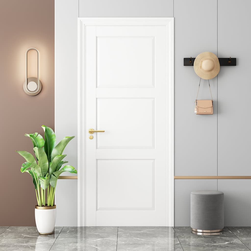 80" 3-Panel White Primed Shaker Standard Door Solid Wood Primed Interior Slab Door