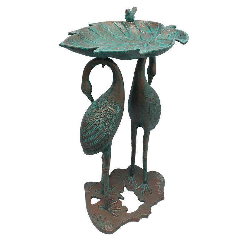 Cast Aluminum 30-in Twin Crane Bird Bath with Leaf Bowl