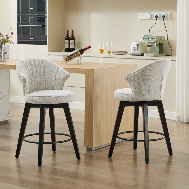 Set of 2 Chenille Upholstered Swivel Bar Stools with Solid Wood Legs and Wing Back