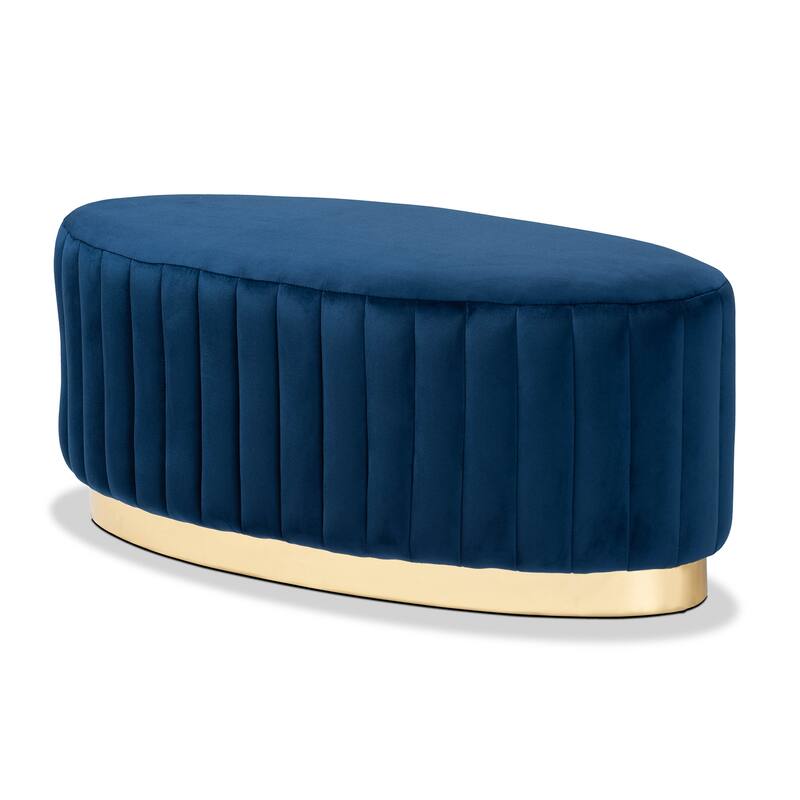 Kirana Glam and Luxe Velvet Fabric and Gold PU Leather Ottoman - Navy