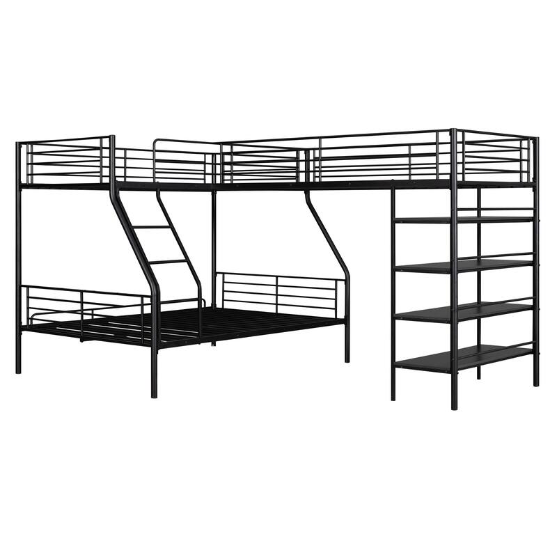 LShaped Metal Twin Over Full Bunk Bed & Twin Loft Bed with 4 Builtin Shelves & FullLength
