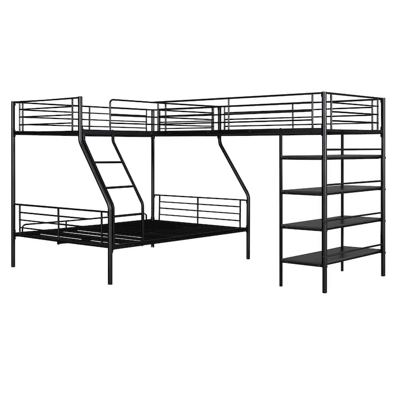 Twin Over Full Metal Bunk Bed with Twin Loft and Storage Shelves, L-Shaped Space-Saving Design