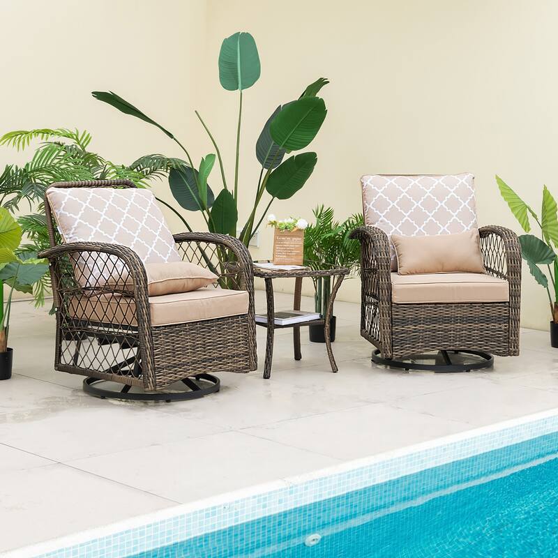 Costway Patio 3PCS Wicker Swivel Rocker Set 2 Rocking Chairs 360 - See Details - Beige+Mix Brown - See Details