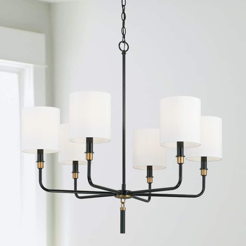 Beckham 32" 6-light Glossy Black/ Aged Brass Chandelier w/ White Fabric Drum Shades