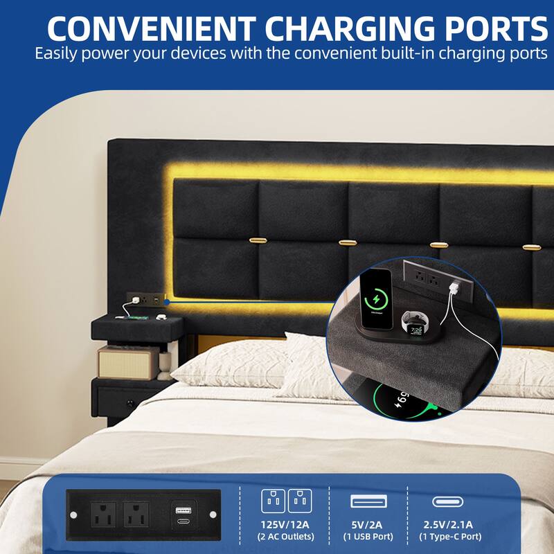 Moasis Queen Size Luxury Velve Bed Frame with Upholstered Oversize Headboard and LED Lights and Charging Station