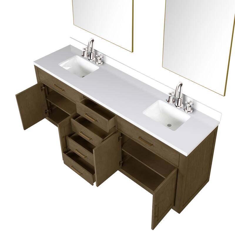 Abbey 60 in W x 22 in D Black Oak Double Bath Vanity, Cultured Marble Top, Faucet Set, and 28 in Mirrors