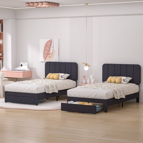slide 2 of 37, VECELO 2-Pack Kid Bed Frame Set Twin Size Platform Bed with Adjustable Upholstered Headboard Storage Drawer No Box Spring Needed