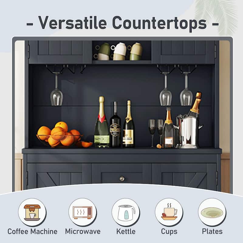 Coffee Bar Cabinet with Drawers and Shelves, Freestanding Kitchen Pantry with Cabinets, Wine Cabinet with Glass Racks