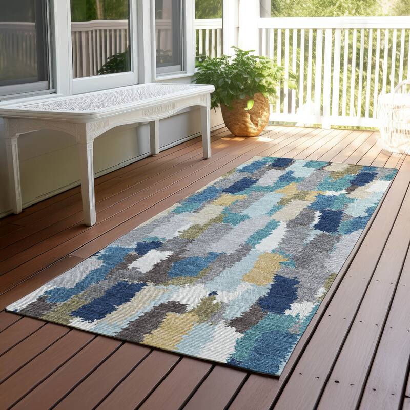 Machine Washable Indoor/ Outdoor Contemporary Stacks Chantille Rug - Teal - 2'3" x 7'6"