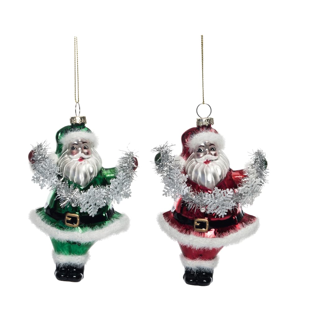 Transpac Glass Vintage Santa w/Tinsel Ornament Set of 2 Christmas Home Decorations - Multicolor