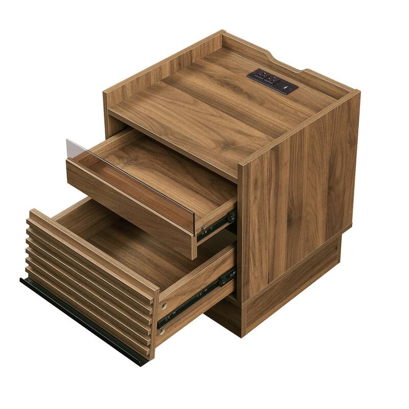 Mid-Century Modern 2-Drawer Nightstand with Charging Station & LED Lights - Bedside/End Table (Brown)