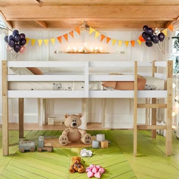 slide 2 of 18, Solid Wooden Loft Bed with Ladder, Platform Bed,Twin Size Natural+White