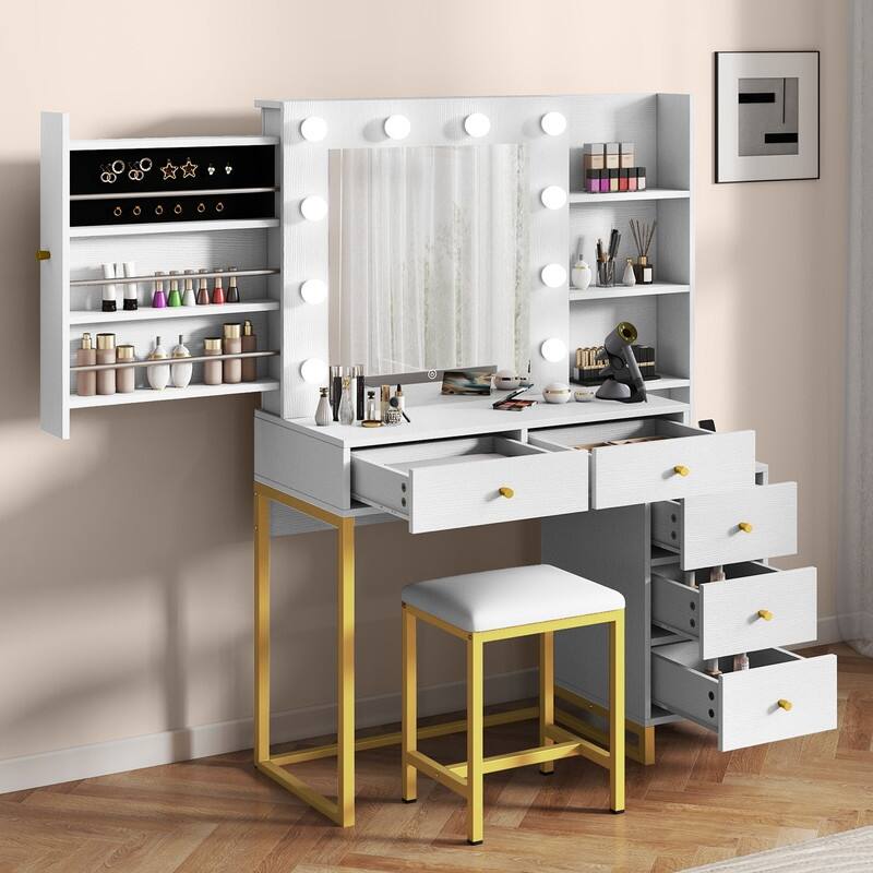 Moasis Makeup Vanity Set with Lighted Mirror & Stool, Sliding Hidden Jewelry Storage