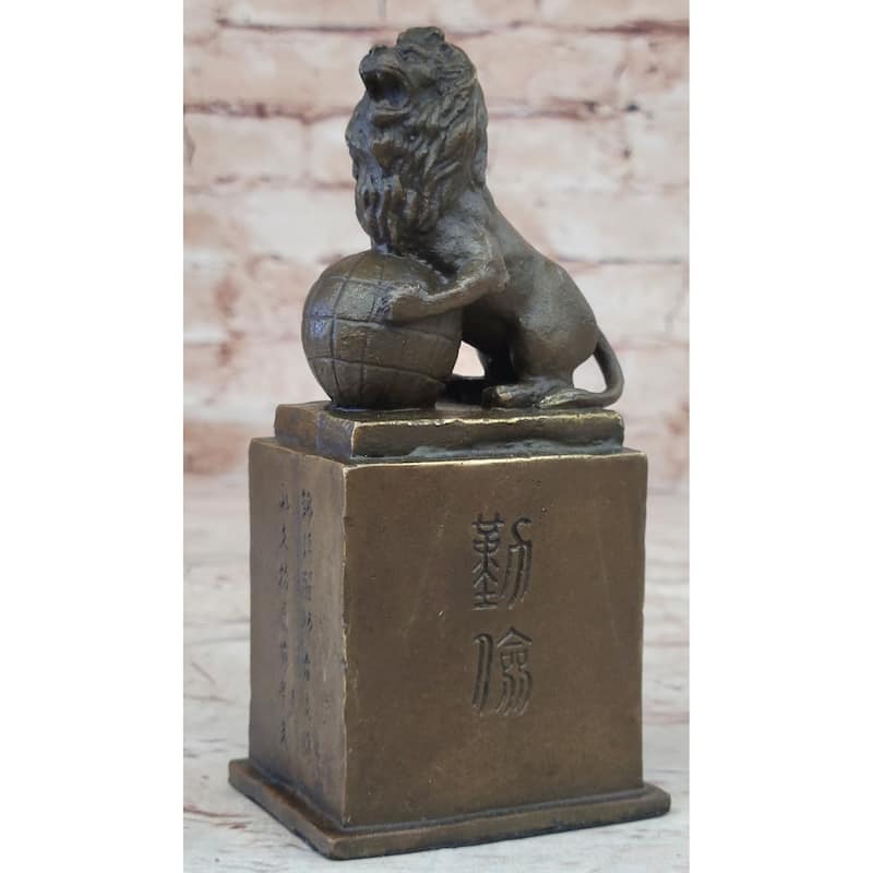 Regius Palace Chinese Guardian Lion Earth Globe Bronze Statue Sculpture Decor