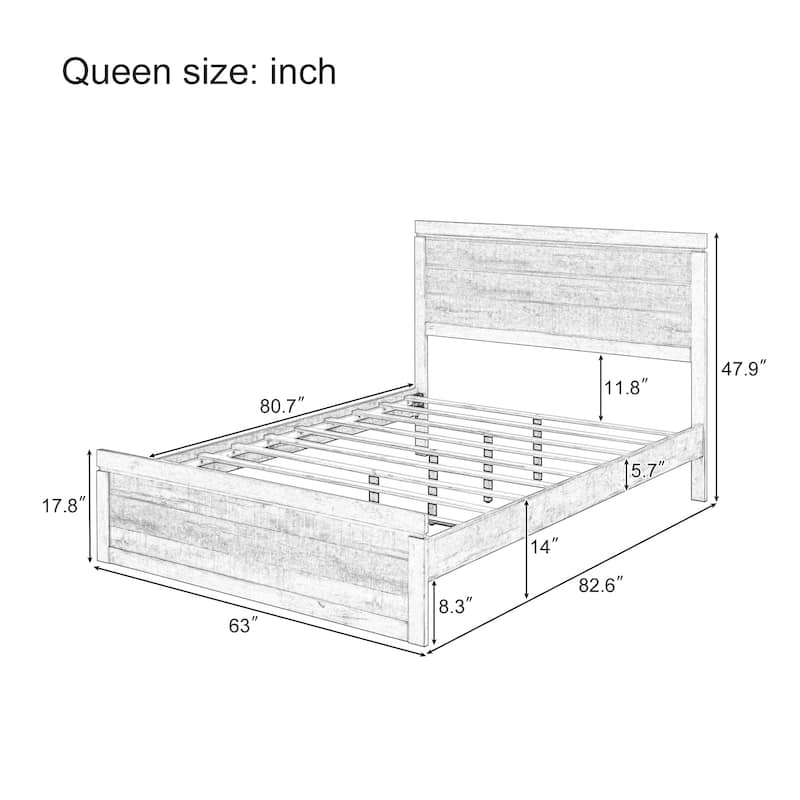 Vintage Farmhouse Style Platform Bed with 10 Wooden Slats Support for Bedroom
