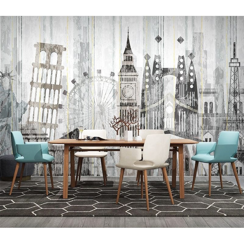 GK Wall Design City Big Ben Eiffel Tower Watercolor NYC Modern Wallpaper