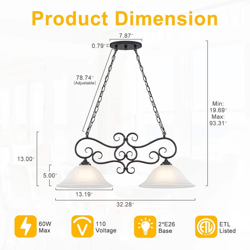 Matte Black 2-Light Linear Chandelier with Bell Glass Shades - Dia.32.28-in