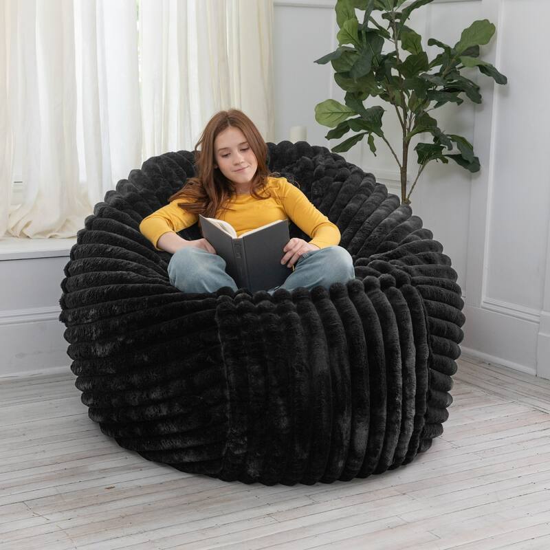 Large Ribbed Faux Fur Bean Bag Chair - 60" - Black