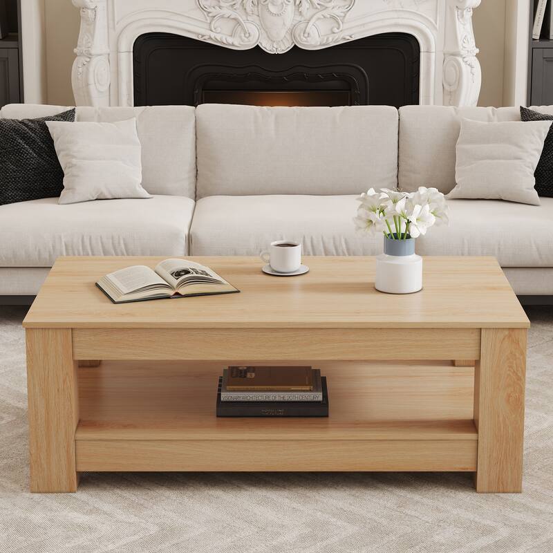 A modern and practical coffee table. The double layered coffee table is made of MDF material