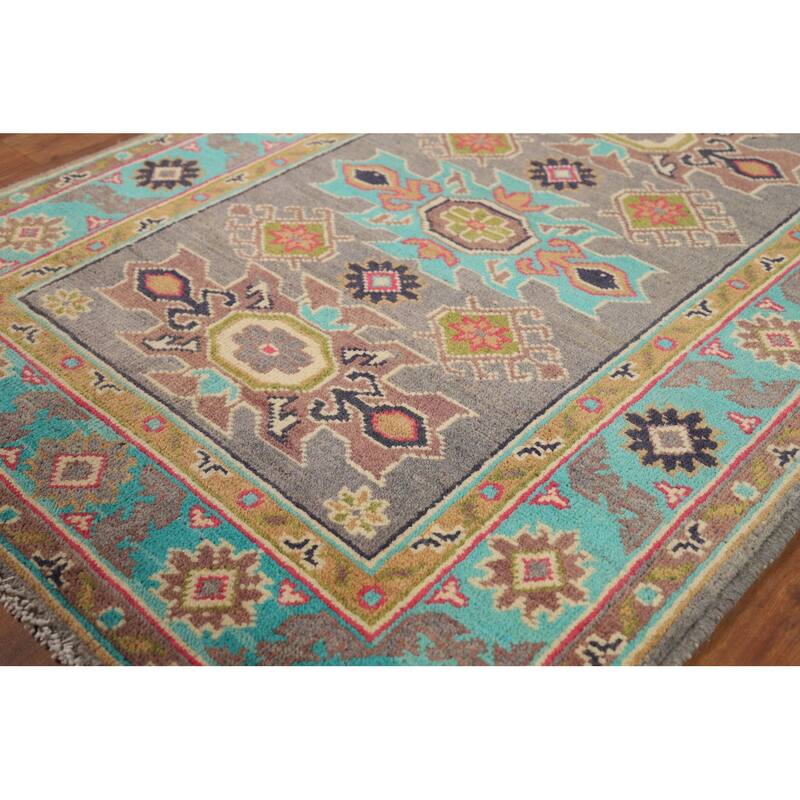 Gray Kazak Foyer Rug Hand-Knotted Geometric Wool Carpet - 2'8"x 3'9"