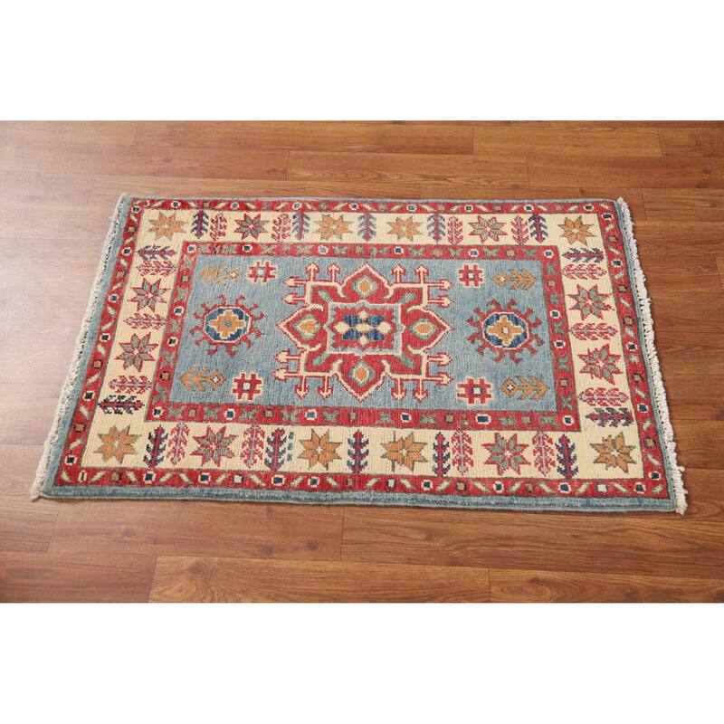 Light Blue Kazak Oriental Rug Hand-Knotted Wool Carpet - 2'0"x 3'0"