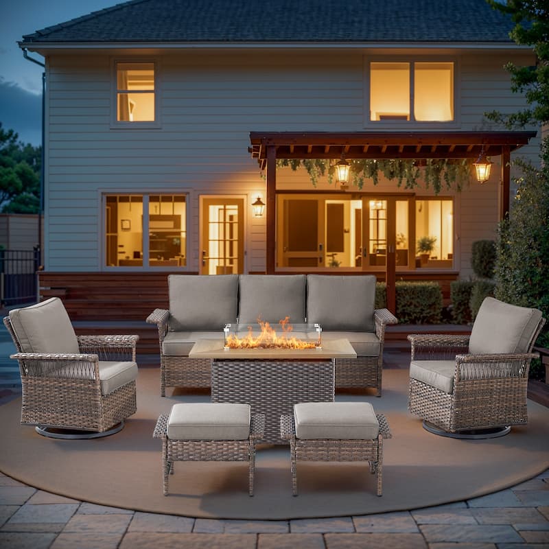 Pocassy 41 in Fire Pit Table with Patio Sofa Chair Funiture - Brown Wicker Gray Cushion - 6-Piece Sofa Swivel Chair Ottoman with Fire Table