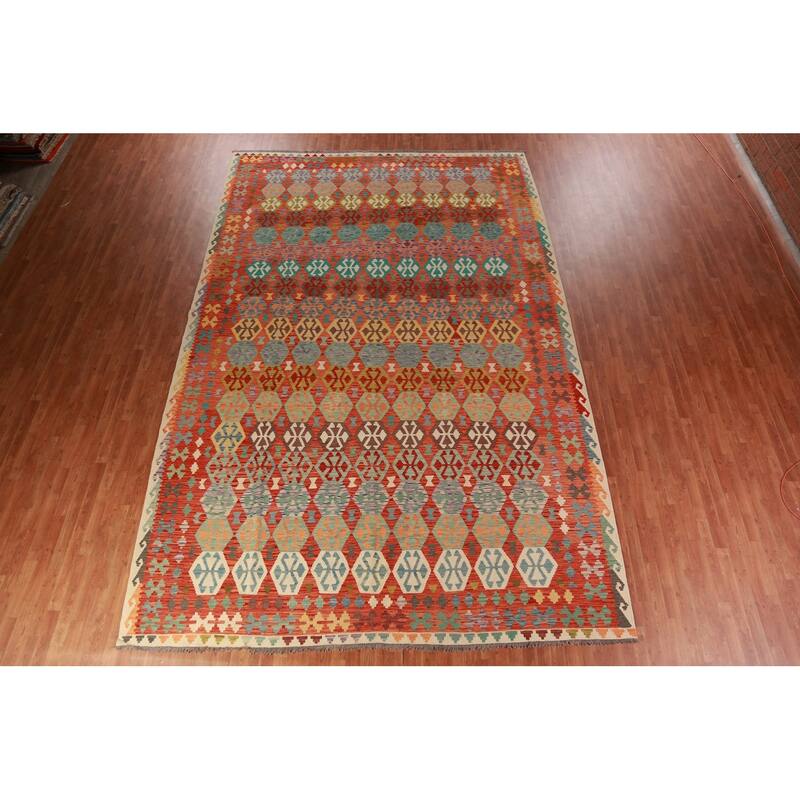 Geometric Kilim Large Rug Flatweave Dining Room Wool Carpet - 10'4"x 15'9"