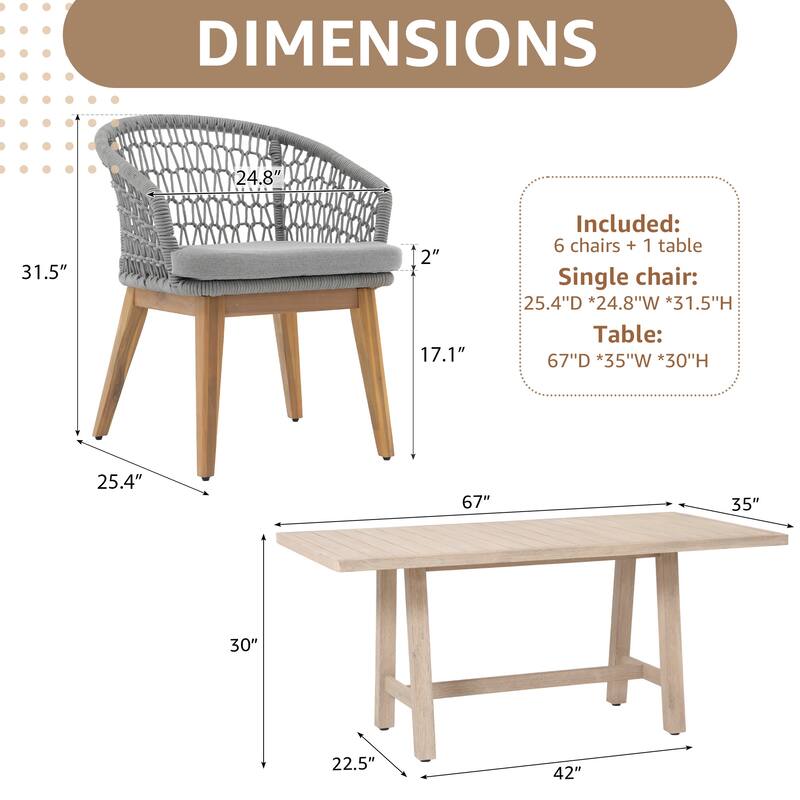 Outdoor 7-Piece Woven Rope Dining Chair and Wood Table Set