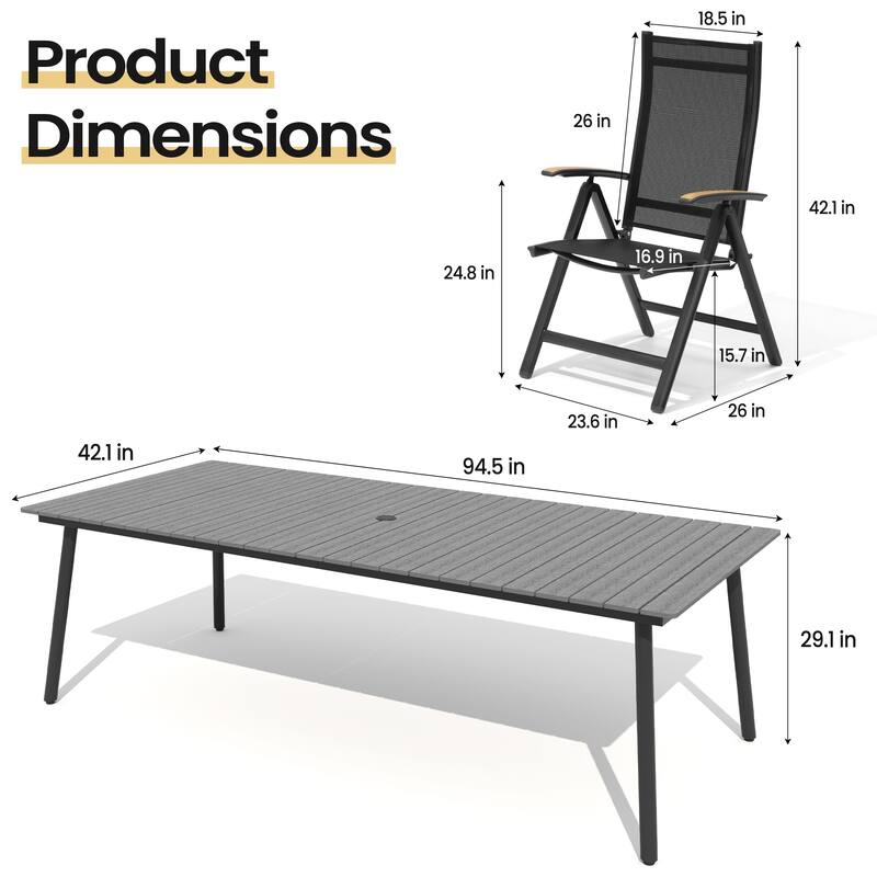 11PC Outdoor Patio Dining Set Aluminum Umbrella Hole Table with Folding Chairs