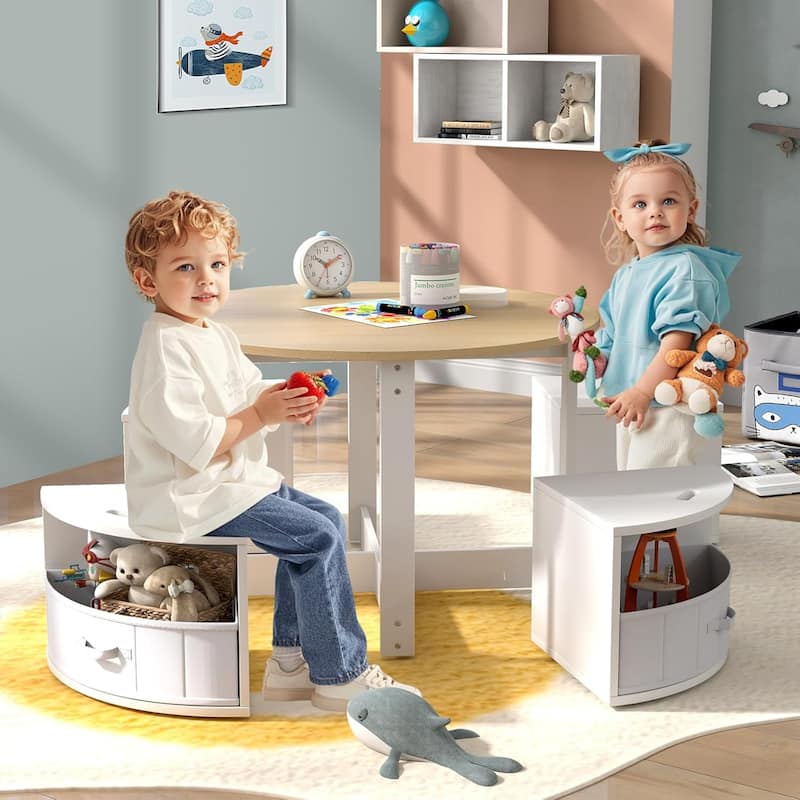 5 PCS Kids Table & Chairs Wooden Round Desk w/4 Storage Stools Set