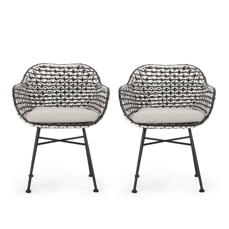 Roomfitters Boho Woven Rope Patio Chairs with Curved Backrest and Cushions, Outdoor Seating Set of 2, Black+White