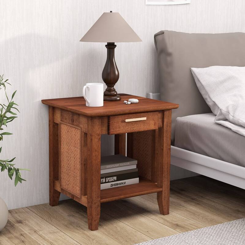 Gymax Boho Style Nightstand 3-Tier Sofa Side End Table w/ Drawer &