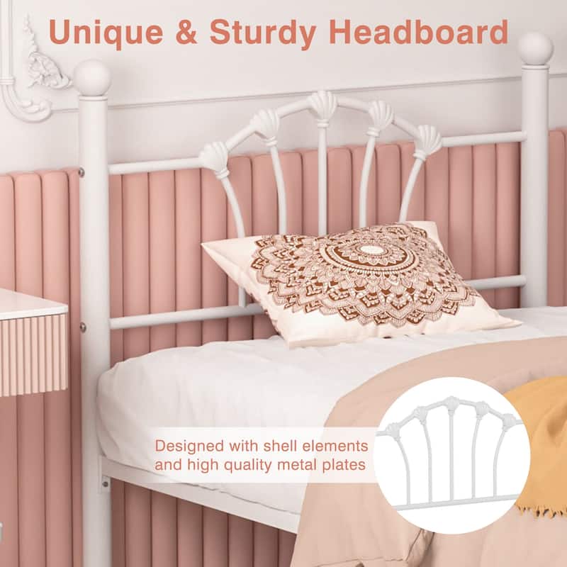 VECELO Classic Twin Size Metal Bed Frame Shell Design with Roman Columns Sturdy Twin Bed Frame for Kids Space-Saving Twin Bed