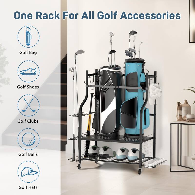 Golf Bag Storage Organizer for Garage with Side Club Rack and Accessory Baskets