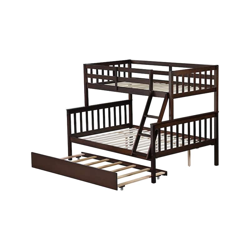 Twin Over Full Rubber Wood Bunk Bed with Trundle, Ladder and Guardrail, Detachable, Convertible Bed, with Twin Size Trundle