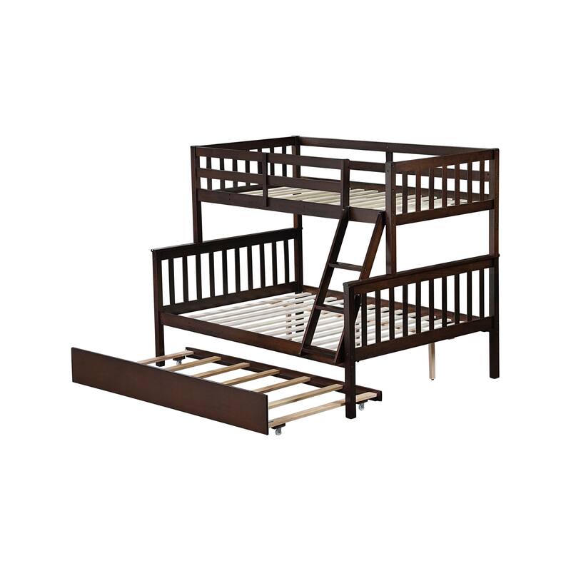 Twin Over Full Size Rubber Wood Bunk Bed with Trundle Bed, Detachable Convertible Bed Frame, Reversible Ladder and Guardrail
