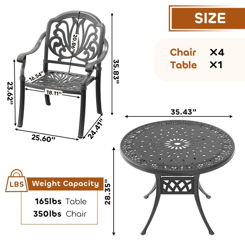 3/5-Piece Cast Aluminum Outdoor Dining Set with 35.43 in. Round Table and Random Color Cushions