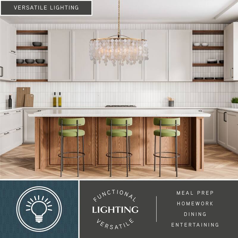 Elsa 5L Coastal Capiz Shell Linear Chandelier Island Pendant Light Fixture - 35.75-in W x 21-in H x 15-in D