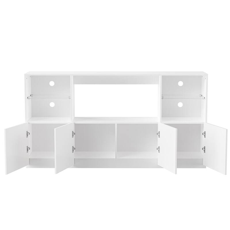 Modern High-Gloss TV Stand for TVs up to 75" with LED Lights, Large Storage Cabinet and Tempered Glass Shelves, White