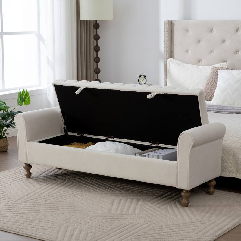 65.6"W Upholstered Storage Bench With Rolled Armrest, Rubberwood Legs