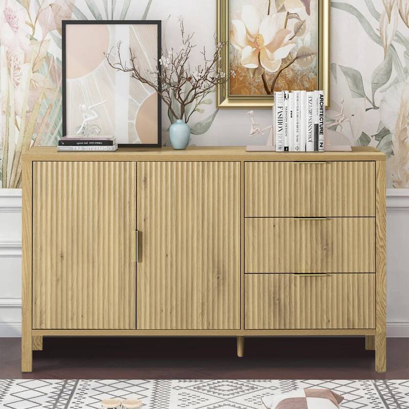 Modern Fluted 2-Door Sideboard with 3 Storage Drawers and Adjustable Hooks for Living Room,Entryway,Hallway