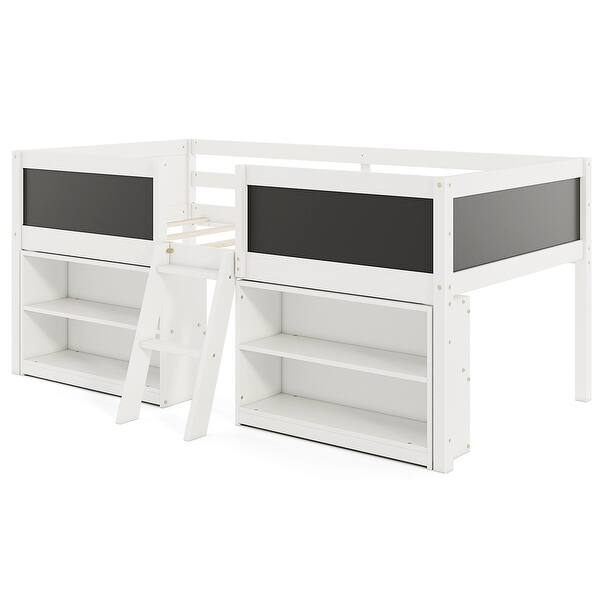 slide 2 of 20, Kids Twin Size Low Loft Bed with Chalkboard 2 Step Ramp Ladder and 2 Tier Bookcase