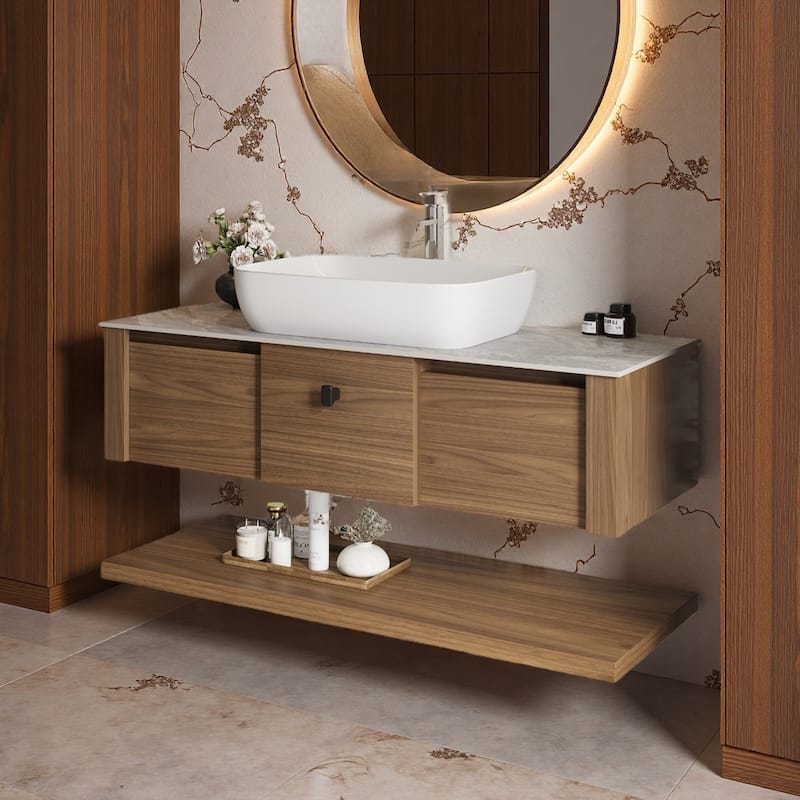 48"Mid Century Modern Wall-Mounted Bathroom Vanities,Single Sink,Brown Wood Texture with Sintered Stone Table top