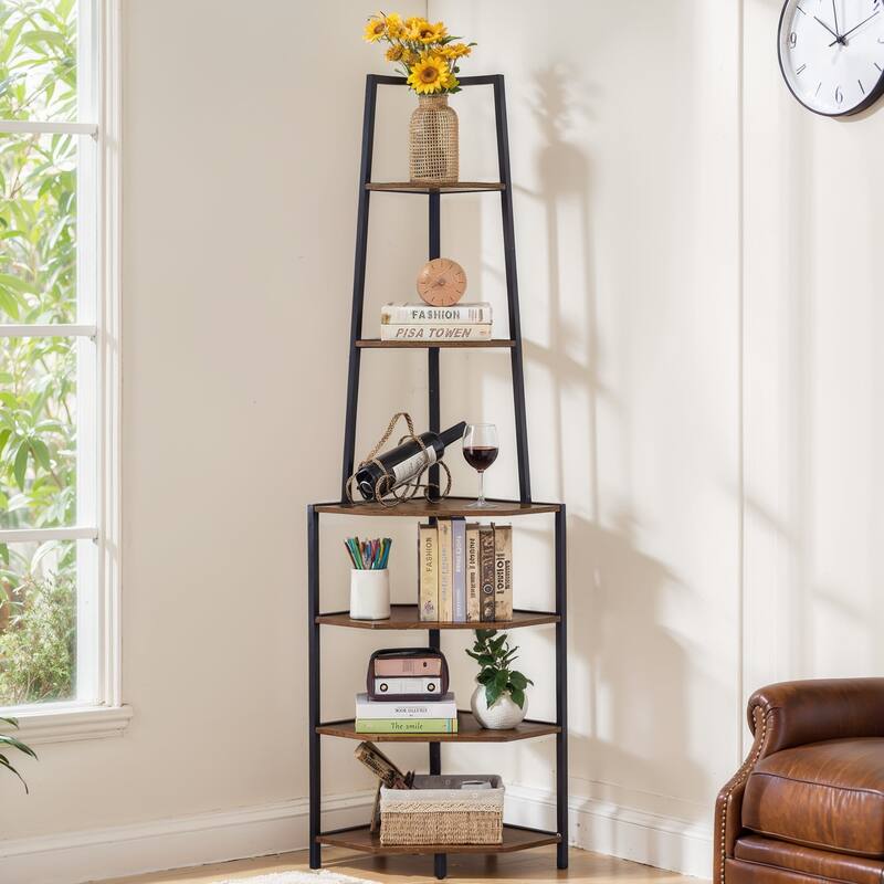 VECELO 6-Tier Corner Bookshelf 68.5" Open Shelves Space-Saving Multifunctional Storage for Living Room Kitchen Balcony - Brown